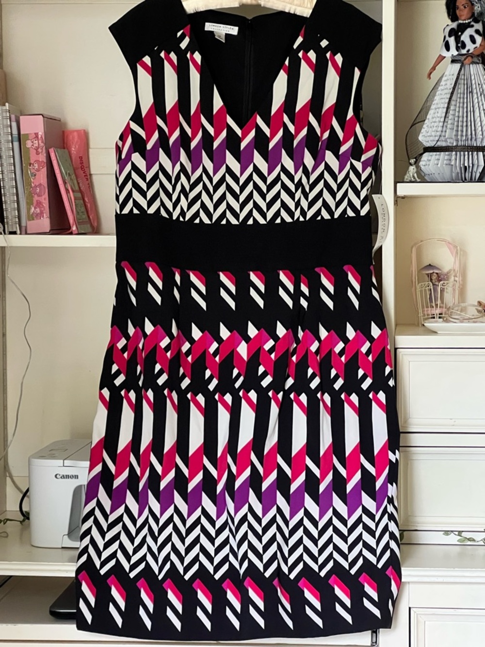 London Style Black Dress with Pink and Purple Geometric Print